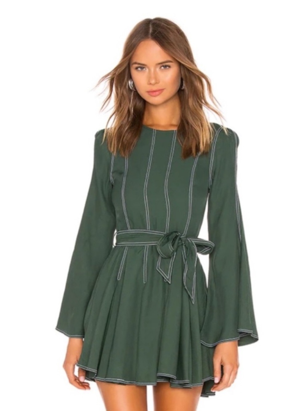 Tularosa Green Fit & Flare Mini Dress Size Small Contrast Stitch Bell Sleeve